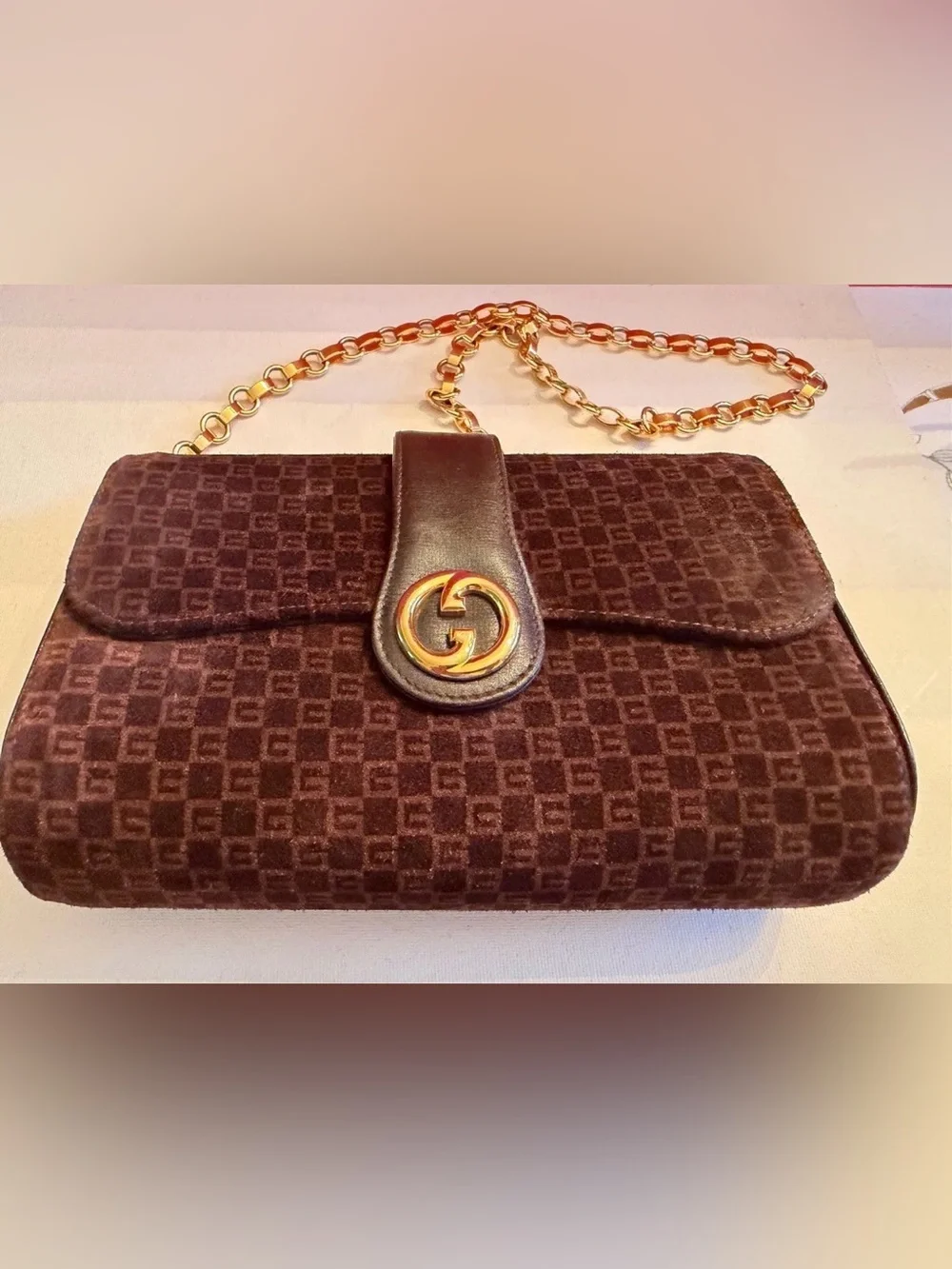 Gucci Dark Brown Suede Velvet GG Monogram Chain Shoulder Bag with Gold Hardware